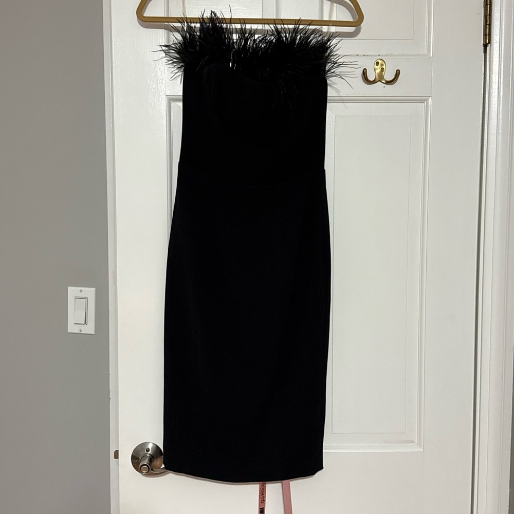House of CB Black Strapless Dress with Feather Trim